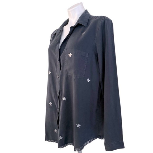 ANTHROPOLOGIE Cloth & Stone Lyocell Button Down Raw Hem Silver Star Shirt Size L - Picture 3 of 10